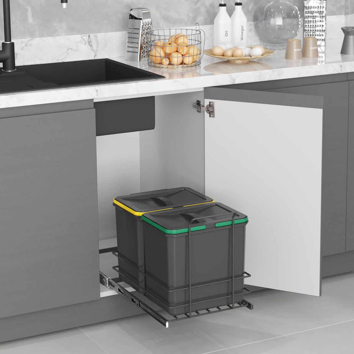 RECYCLINGBEHÄLTER für die Küche, 2 x 16 L, Bodenbefestigung und Handauszug, Anthrazitgrauer Kunststoff - Anthrazit, Metall (35/40/51cm) - EMUCA