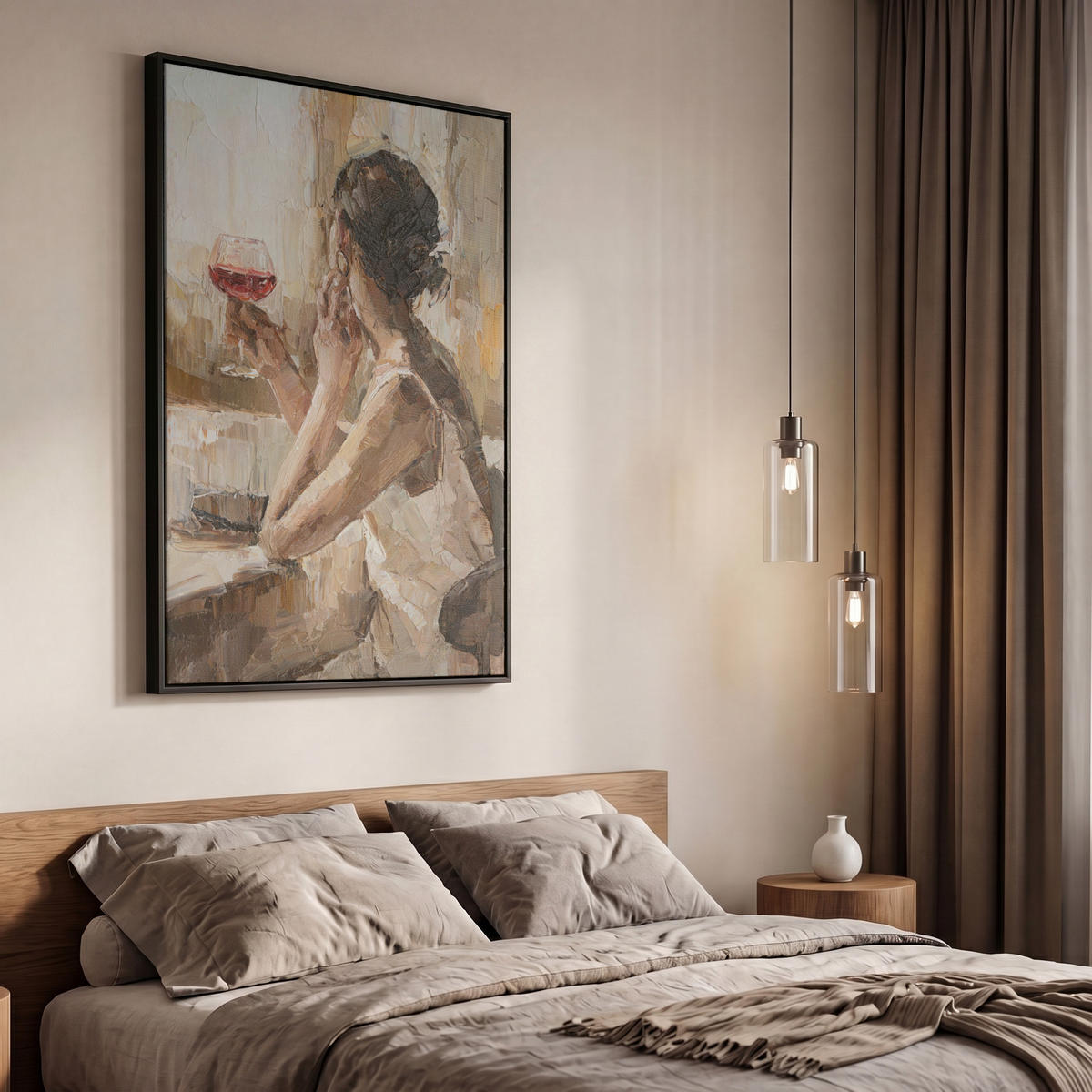 LEINWAND Bilder mit Rahmen - Ölgemälde - Frau - Wein - 60x90 - Hellbraun, Textil (60/90cm) - MuchoWow