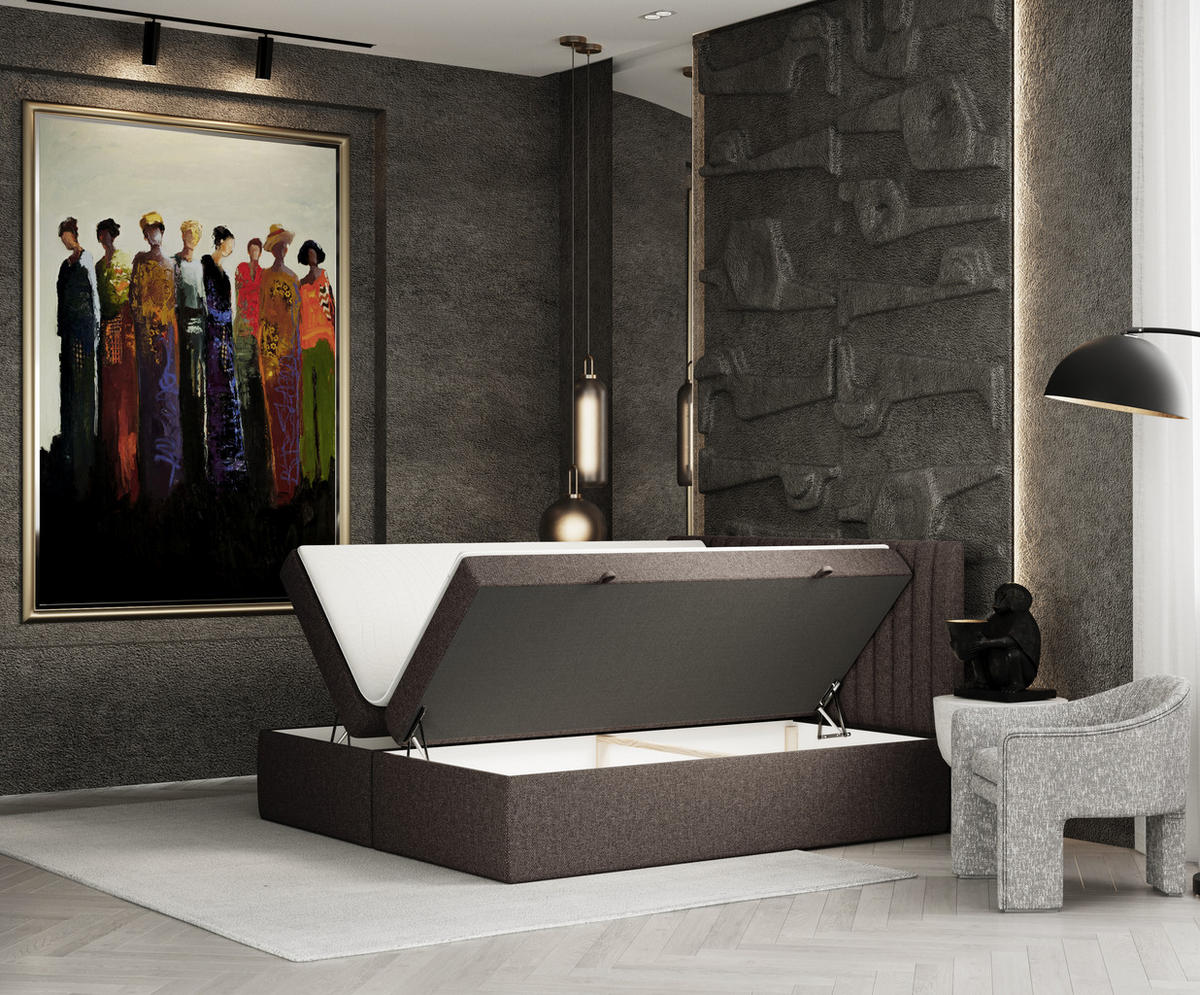 BOXBETT Spencer Braun 180/200 cm mit Matratze und Topper - Schwarz/Braun, Holz/Holzwerkstoff (180/200cm) - Maison de Reve