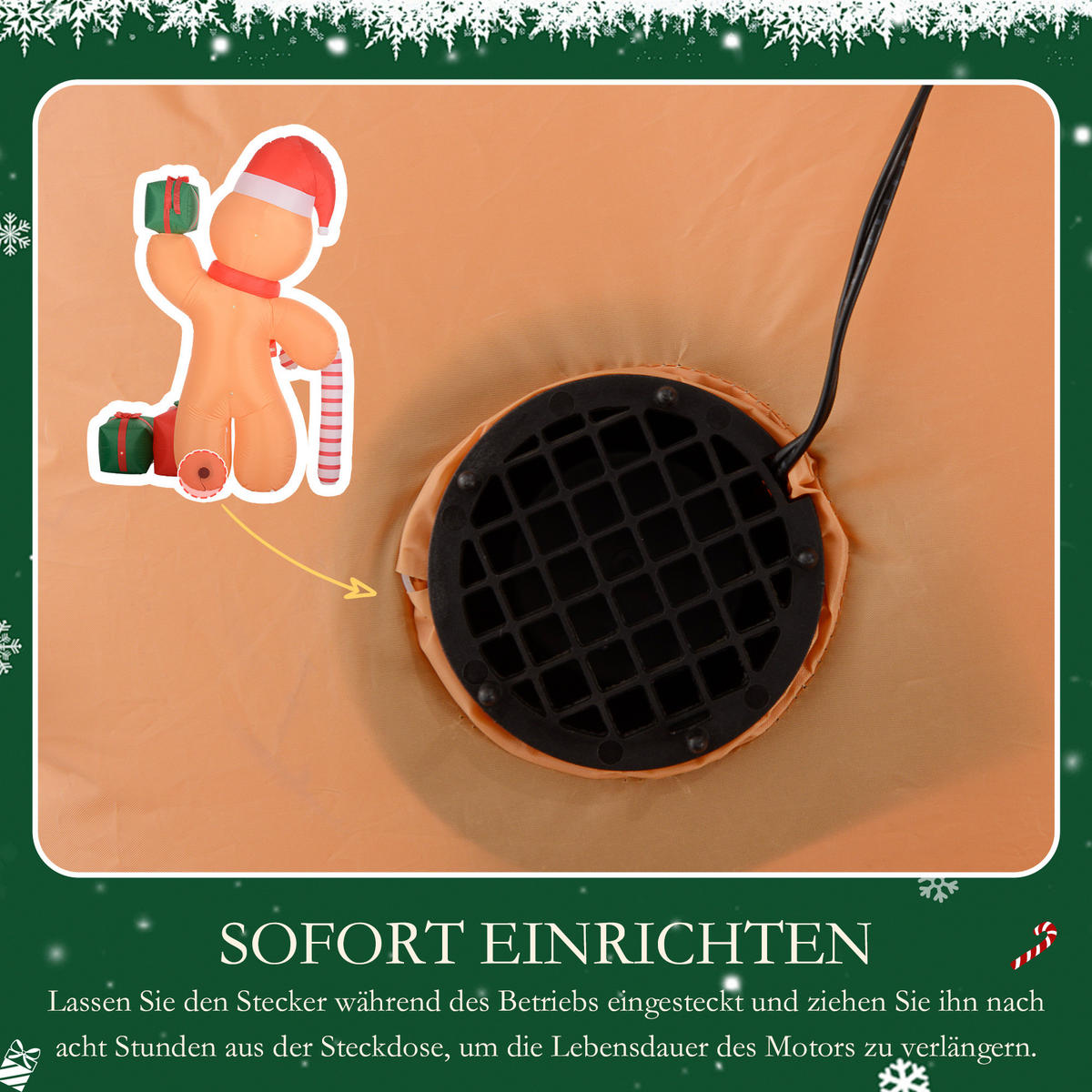 AUFBLASBARE Weihnachtsdeko 2,45 m Lebkuchenmann mit Zuckerstange, 6 LEDs - Orange, Kunststoff (100/245/170cm) - Outsunny