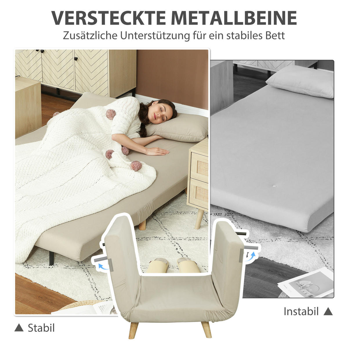 SCHLAFSOFA Sofa mit Schlaffunktion 130 X 78 cm Couch mit Lendenkissen, Beige - Beige/Naturfarben, Holz/Textil (78/79/130cm) - HOMCOM