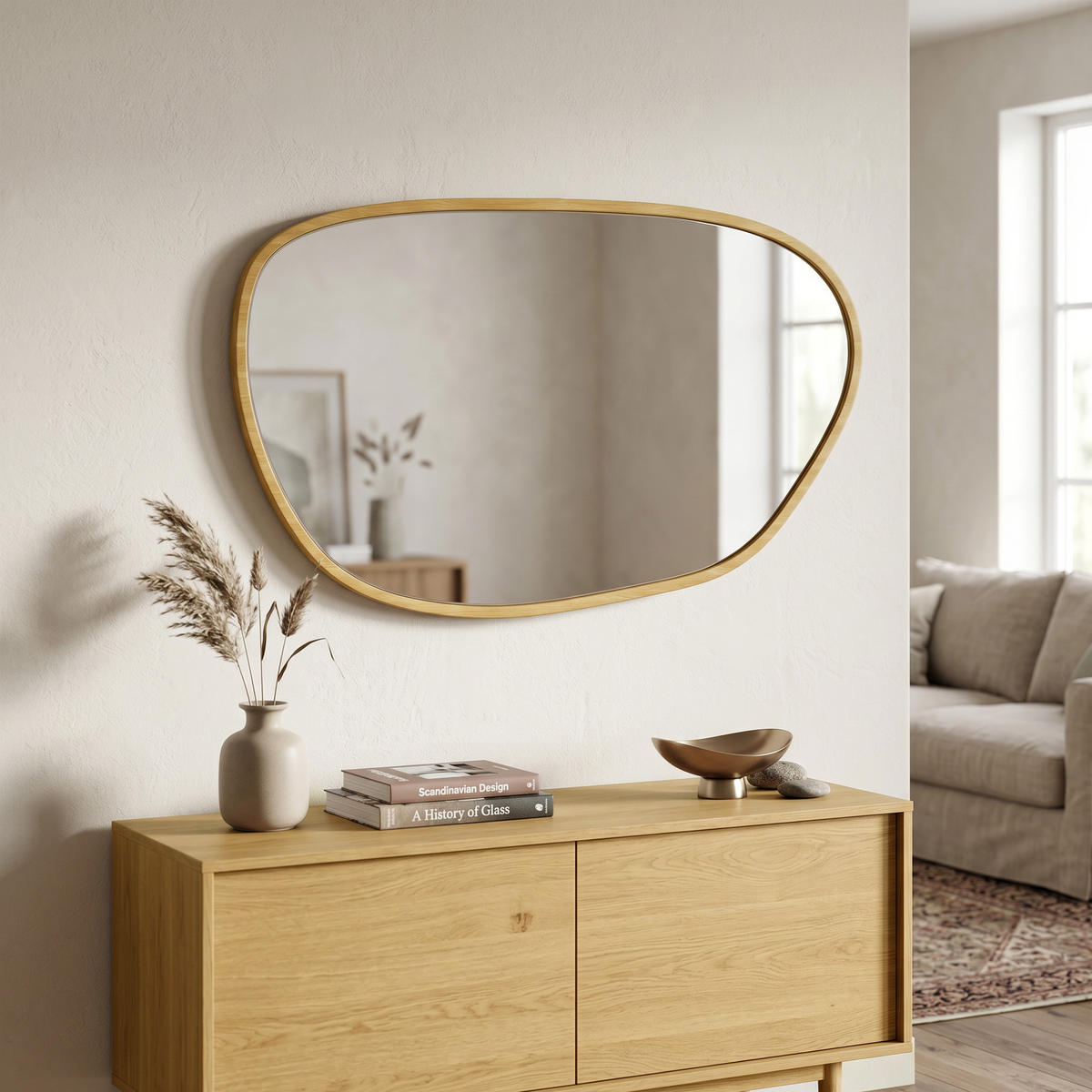 WANDSPIEGEL DE-14384 asymmetrisch mit Holzoptik-Rahmen Natur - Naturfarben, Kunststoff (60/90/2.5cm) - ComfortXL