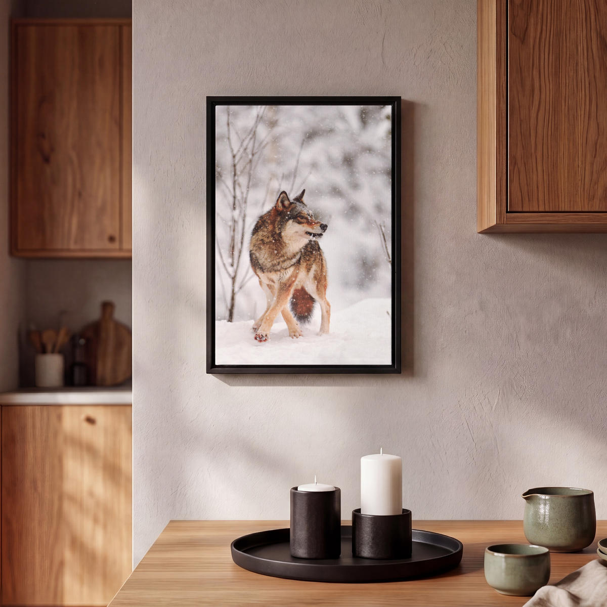 LEINWAND Bilder mit Rahmen - Wolf - Winter - Schnee - Natur - Tiere - 20x30 - Haselnussfarben, Textil (20/30cm) - MuchoWow