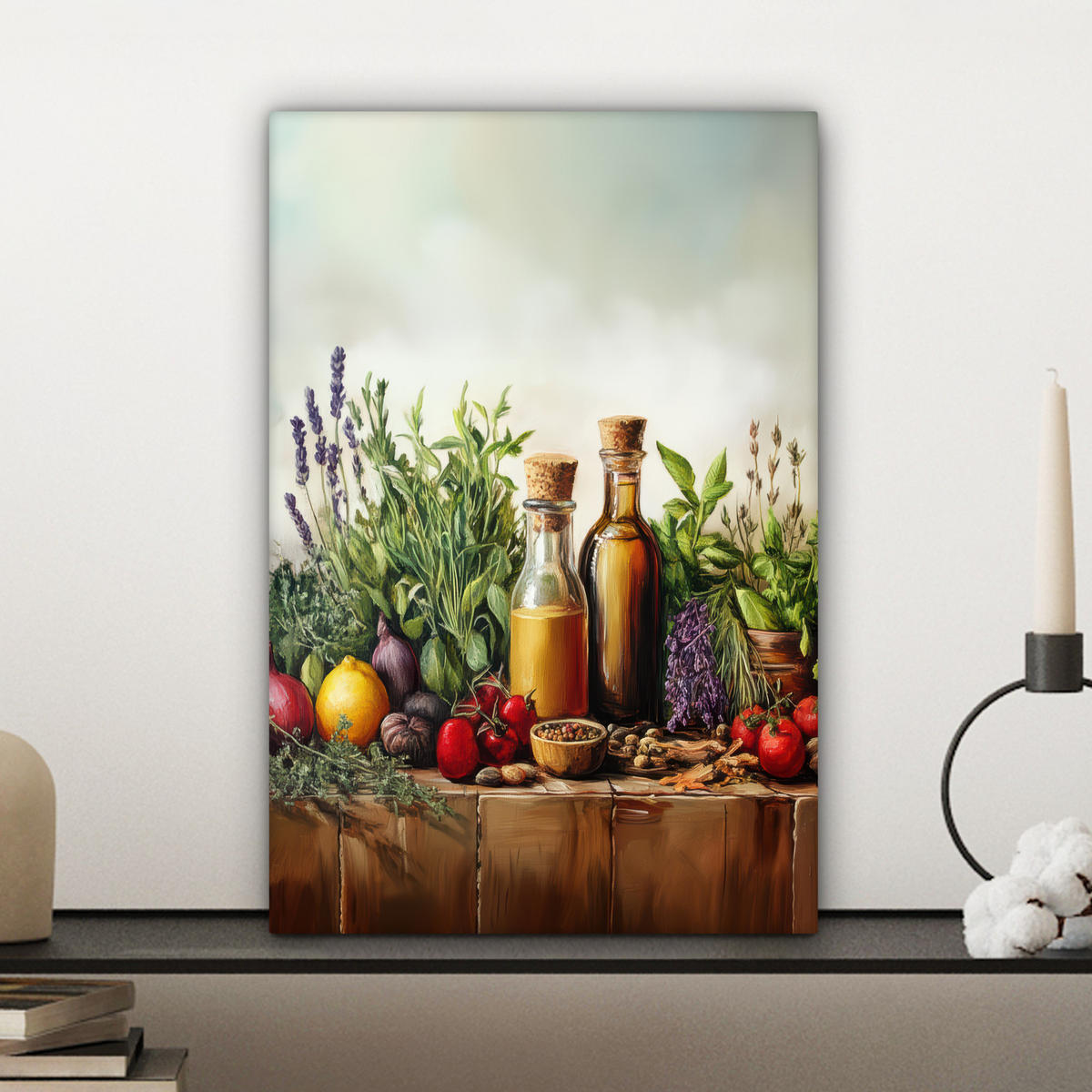 LEINWANDBILD Stilleben - Kräuter - Gewürze - Früchte - Farbenfroh Deko Wohnzimmer 20x30 cm - Grün, Textil (20/30cm) - MuchoWow