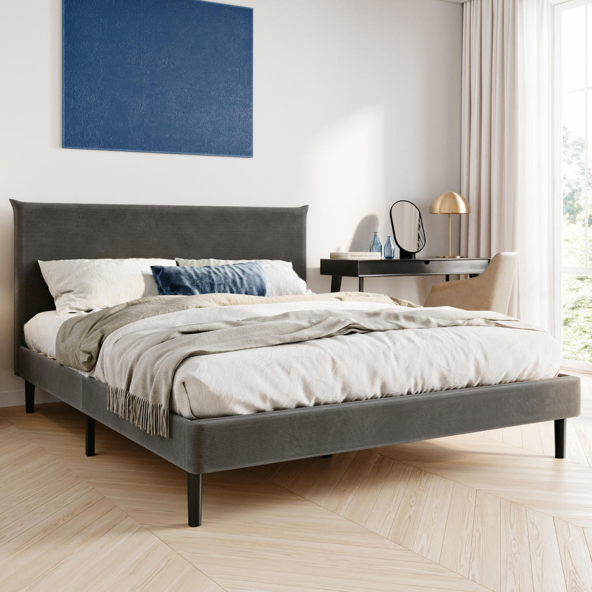 POLSTERBETT 160x200 cm Grau cord - Grau, Textil (160/200cm) - Home Collective