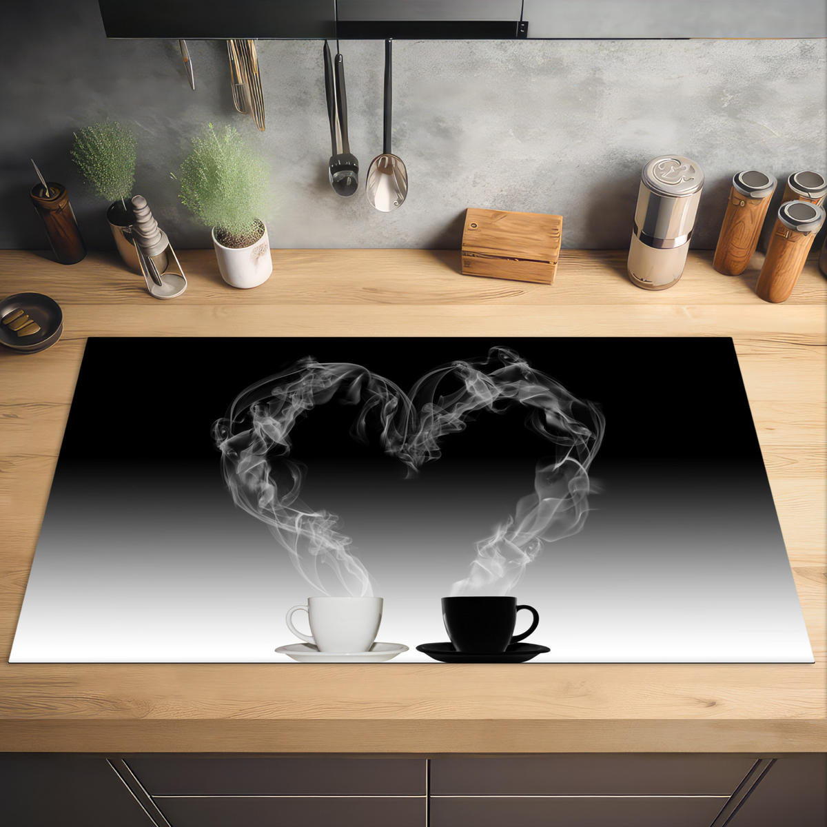 HERDABDECKPLATTE Kaffee - Herz - Schwarz und weiß - Tassen 91x52 cm - Weiß, Kunststoff (91.6/0.2/52.7cm) - MuchoWow