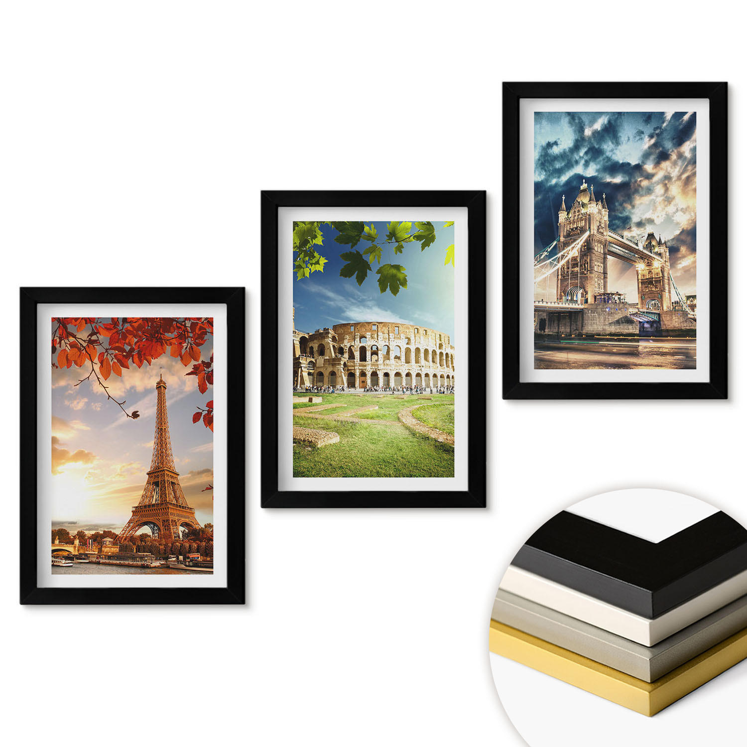 WANDBILDER 3er-Set - 20x30 cm Schwarzer Rahmen - Denkmäler Europas - Schwarz, Kunststoff (20/30cm) - ArtPrintCave