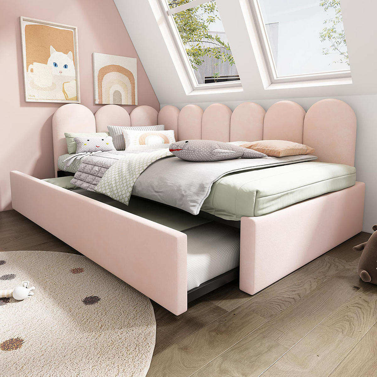 KINDERBETT 90x200 cm mit Ausziehbett，Rosa（ohne Matratze） - Pink, Textil/Metall (90/200cm) - KOMHTOM