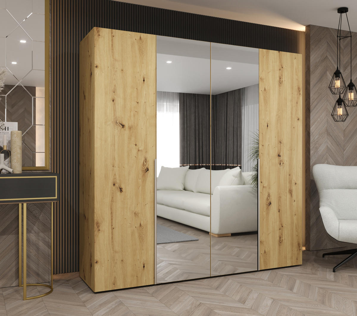 DREHTÜRENSCHRANK 202/200/52 4-türig - Kaschmir/Eiche Artisan, Holz (200/202/52cm) - Abiks Möbel