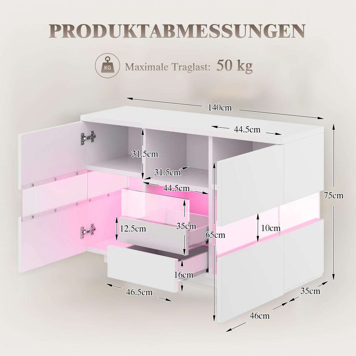 SIDEBOARD 140/35/75 cm mit LED-Beleuchtung, Glasvitrine und Schubladen, Holzwerkstoff, Weiß - Weiß, Holzwerkstoff (140/75/35cm) - Redom