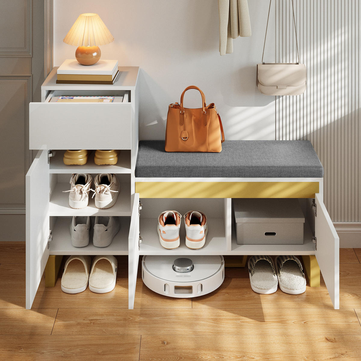 SCHUHSCHRANK in Weiß Schuhkommode mit großem Fassungsvermögen, mehrstöckigem Stauraum und Schubladen , B120/T35/H85cm - Goldfarben/Weiß, Holz/Holzwerkstoff (120/80/35cm) - STILVORA