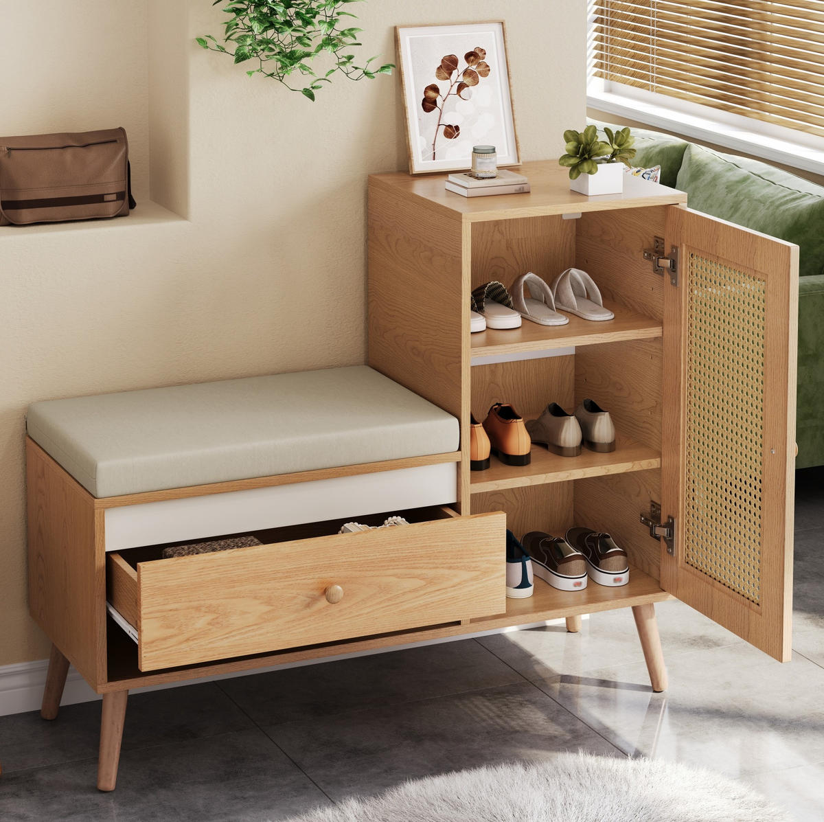 SCHUHBANK 95,5/35/80,5 cm mit Sitzkissen, Schubladen und Rattan-Optik - Eichefarben, Holzwerkstoff (95.5/80.5/35cm) - BEAOK