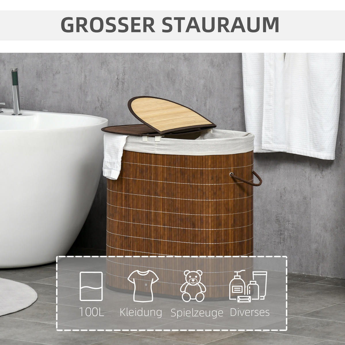 WÄSCHEKORB, Bambus, Polyester, Braun - Braun, Naturmaterialien (37/60.5/62.5cm) - HOMCOM