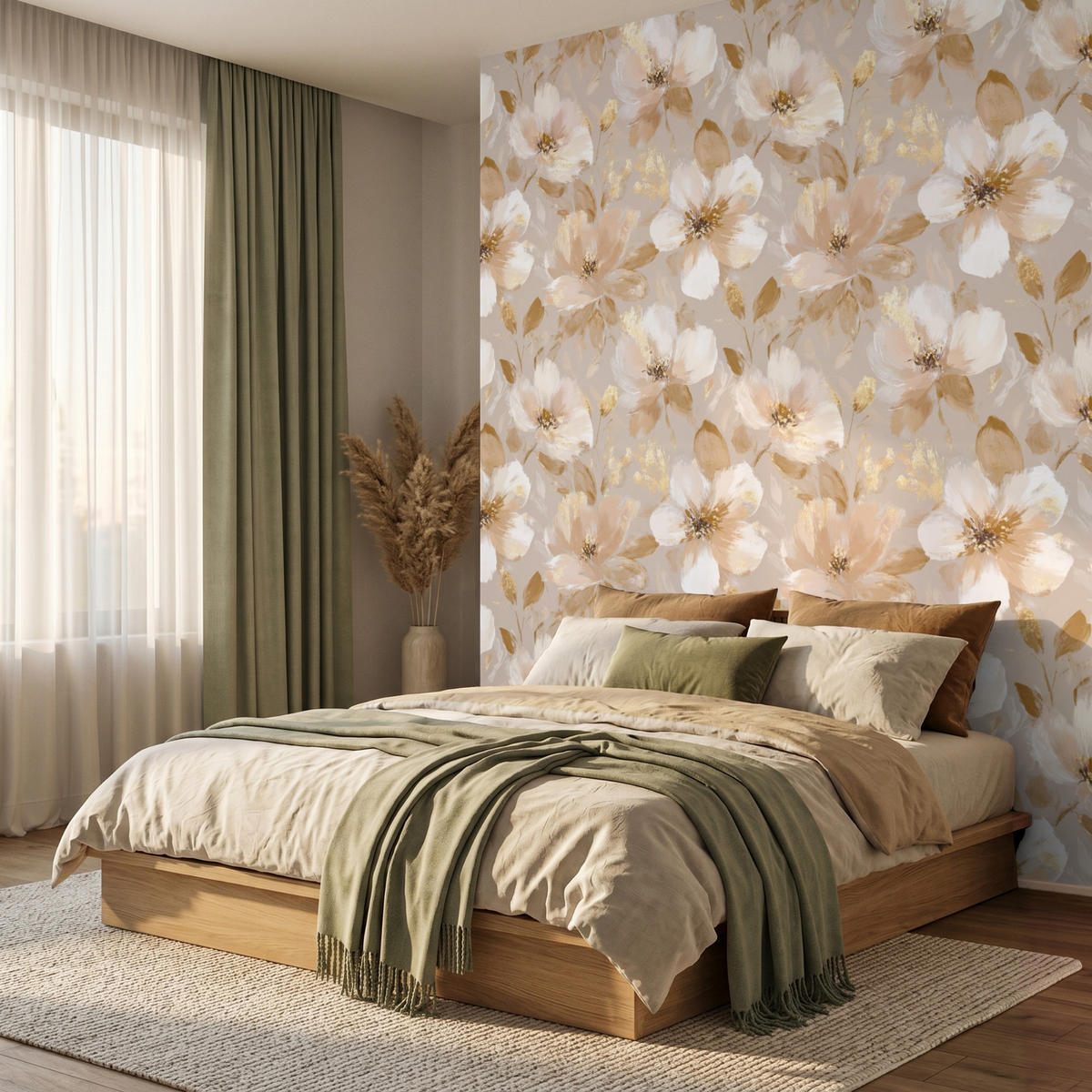 TAPETE - Blumen - künstlerisch - Gold - 220x280 cm - Beige, Papier (220/280cm) - OnlyWow