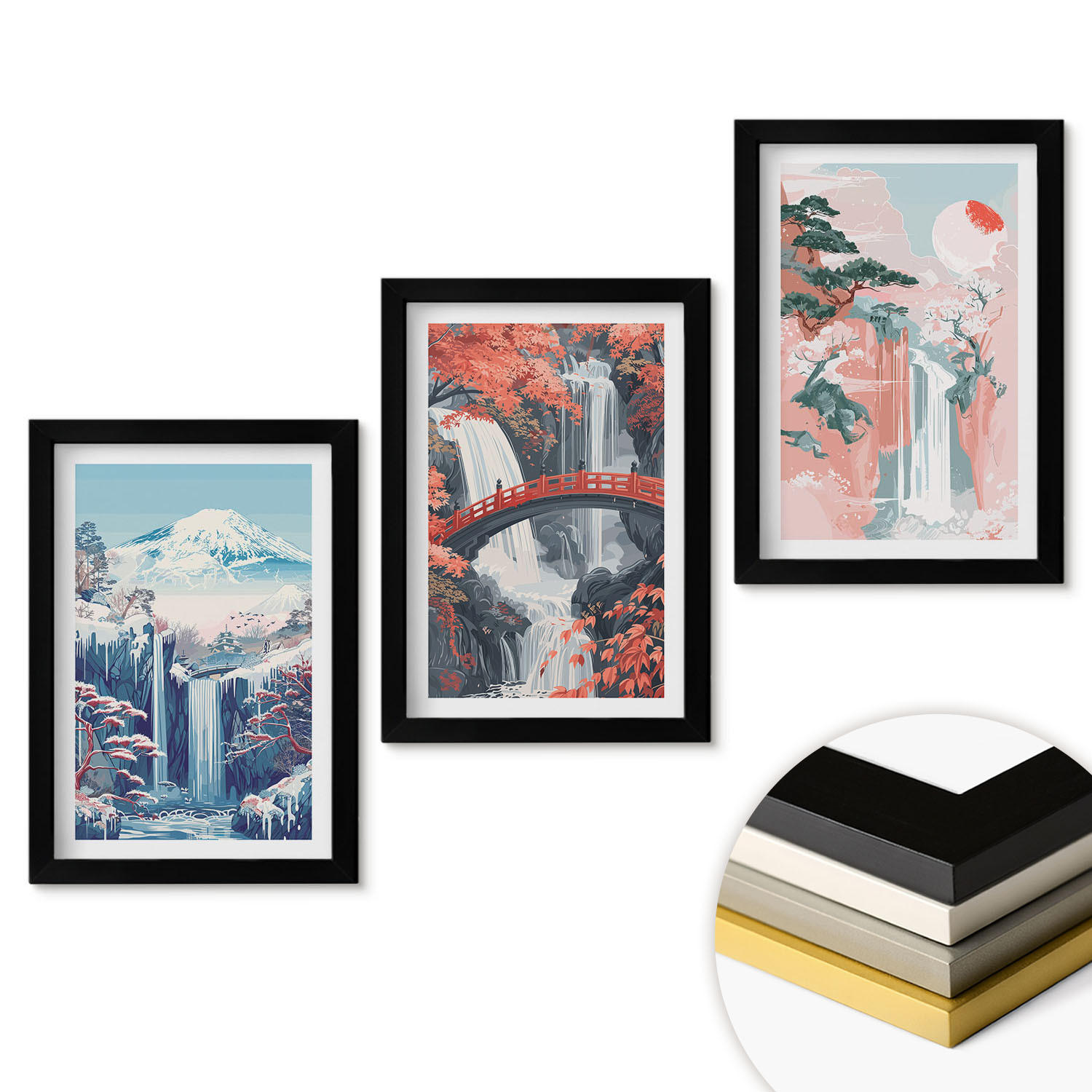 WANDBILDER 3er-Set - 20x30 cm Schwarzer Rahmen - Wasserfälle, Berge, Brücken, Bäume - Schwarz, Kunststoff (20/30cm) - ArtPrintCave