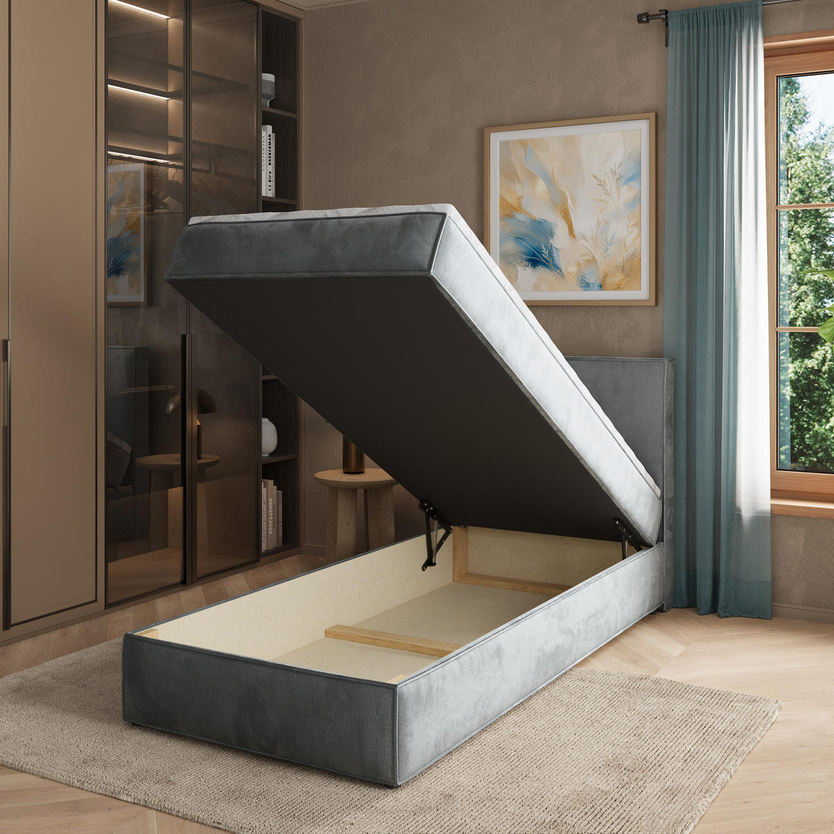 BOXBETT PELLIO 90x200 cm mit Matratze und Topper - Grau - Grau, Holz (90/200cm) - MASSENO