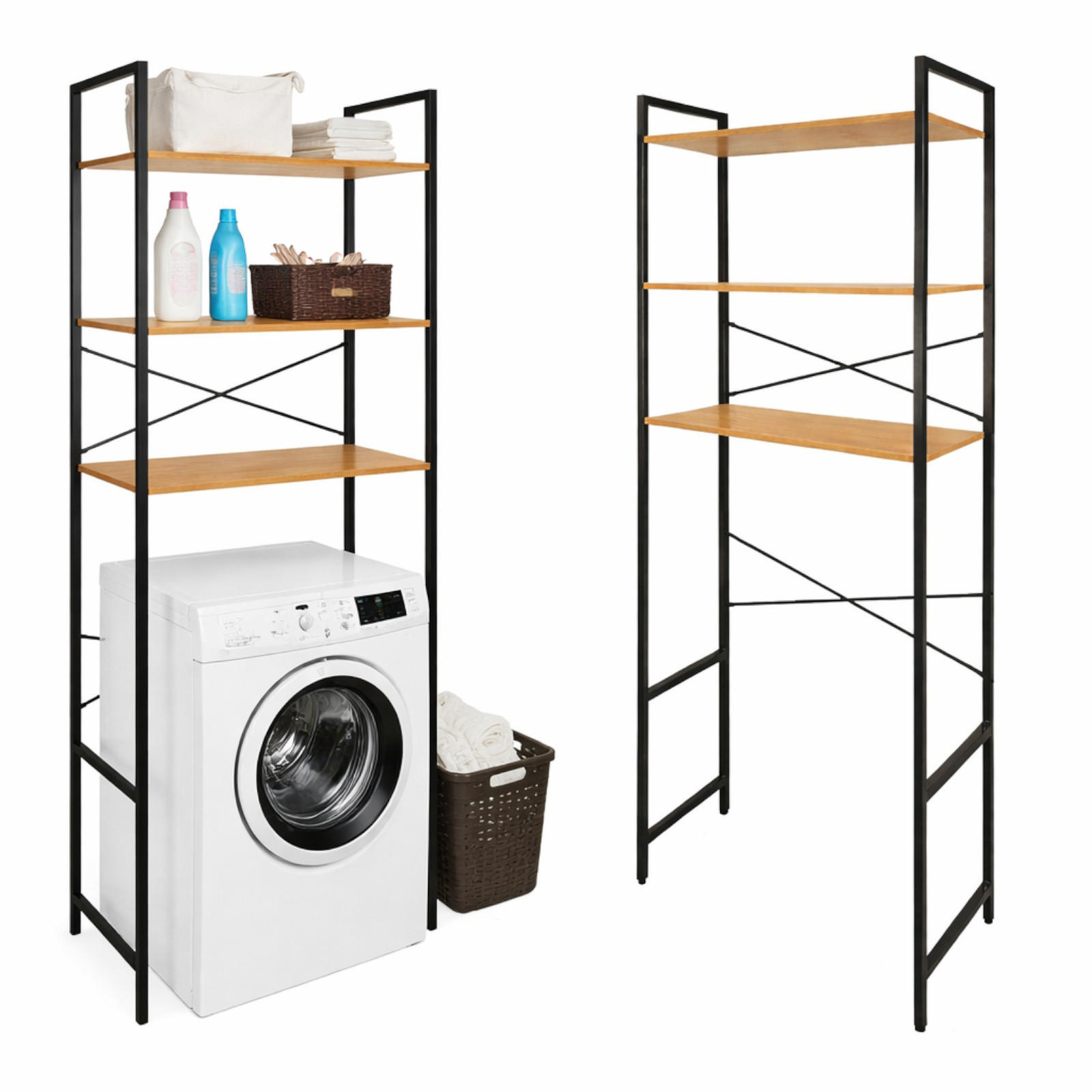 WASCHMASCHINEREGAL Holzoptik Metall Erlefarben Schwarz 3 Ebenen 66x30x186 cm - Erlefarben/Schwarz, Holzwerkstoff/Metall (66/186/30cm) - Begryf