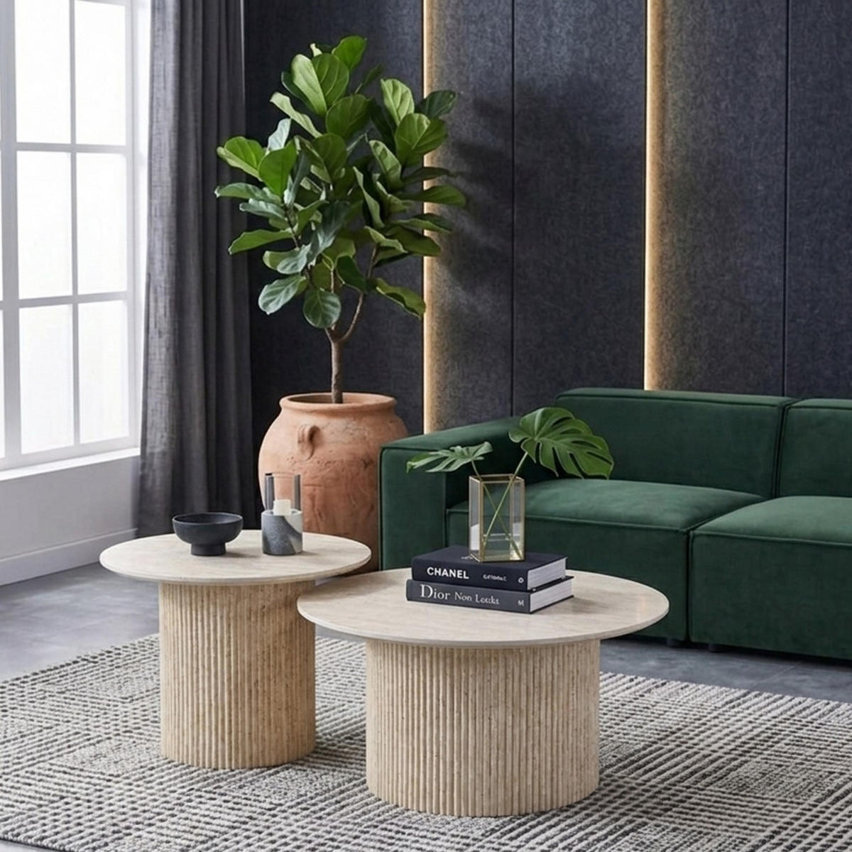 COUCHTISCH-SET Keramik rund 2-tlg. Trommelgestell Travertin-Optik 80 & 60 cm - Sandfarben/Weiß, Keramik/Metall (80/80/46cm) - HOOZ