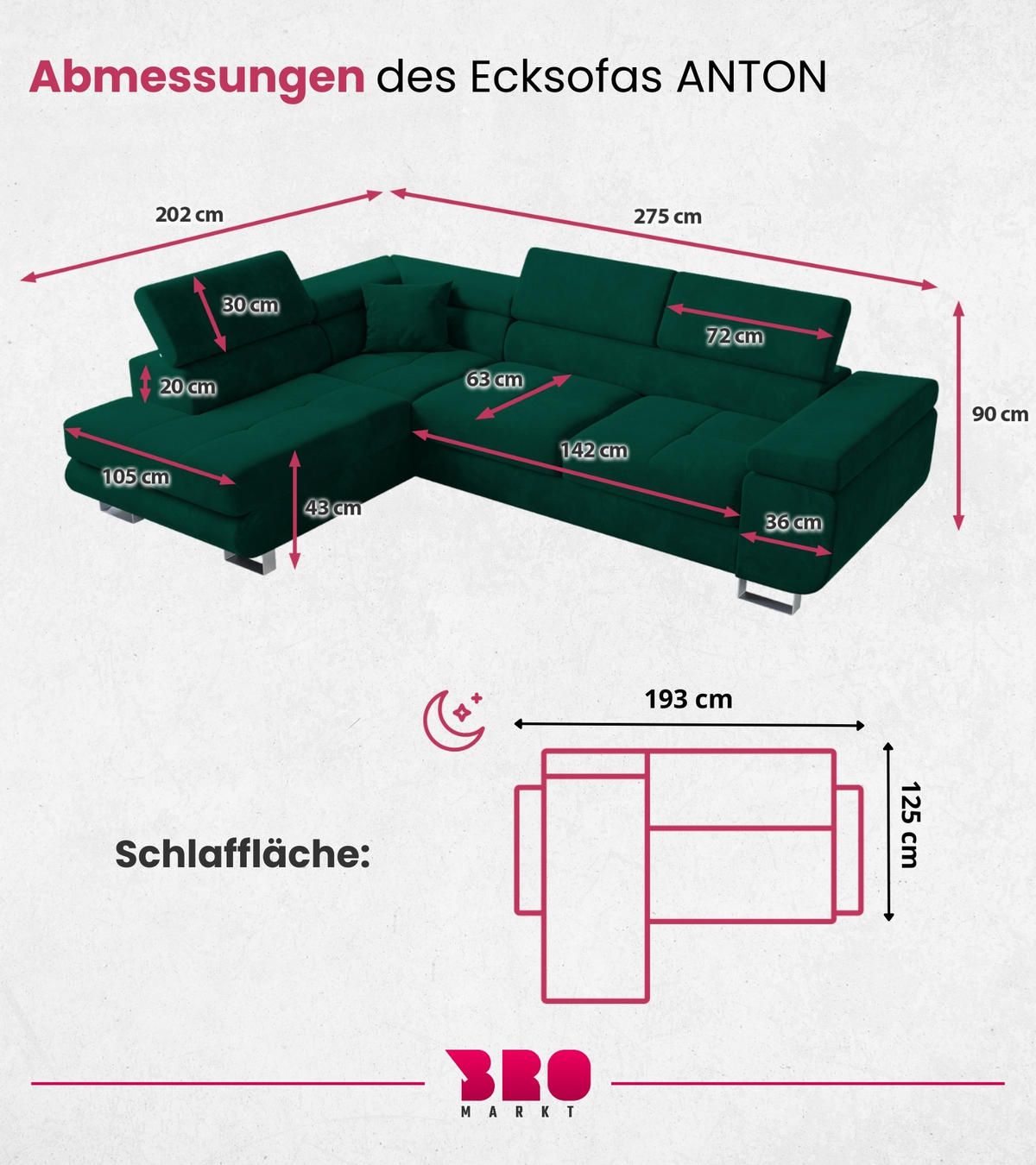 ECKSOFA Anton mit Schlaffunktion Grün Samt - Silberfarben/Grün, Textil/Metall (142/275cm) - Bromarkt