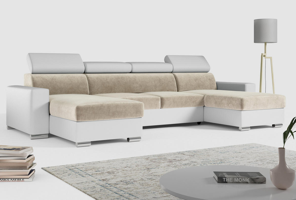 WOHNLANDSCHAFT FOX U Beige/Weiß - Velvet/Kunstleder - Beige/Silberfarben, Kunststoff/Textil (306/98/168cm) - MKS