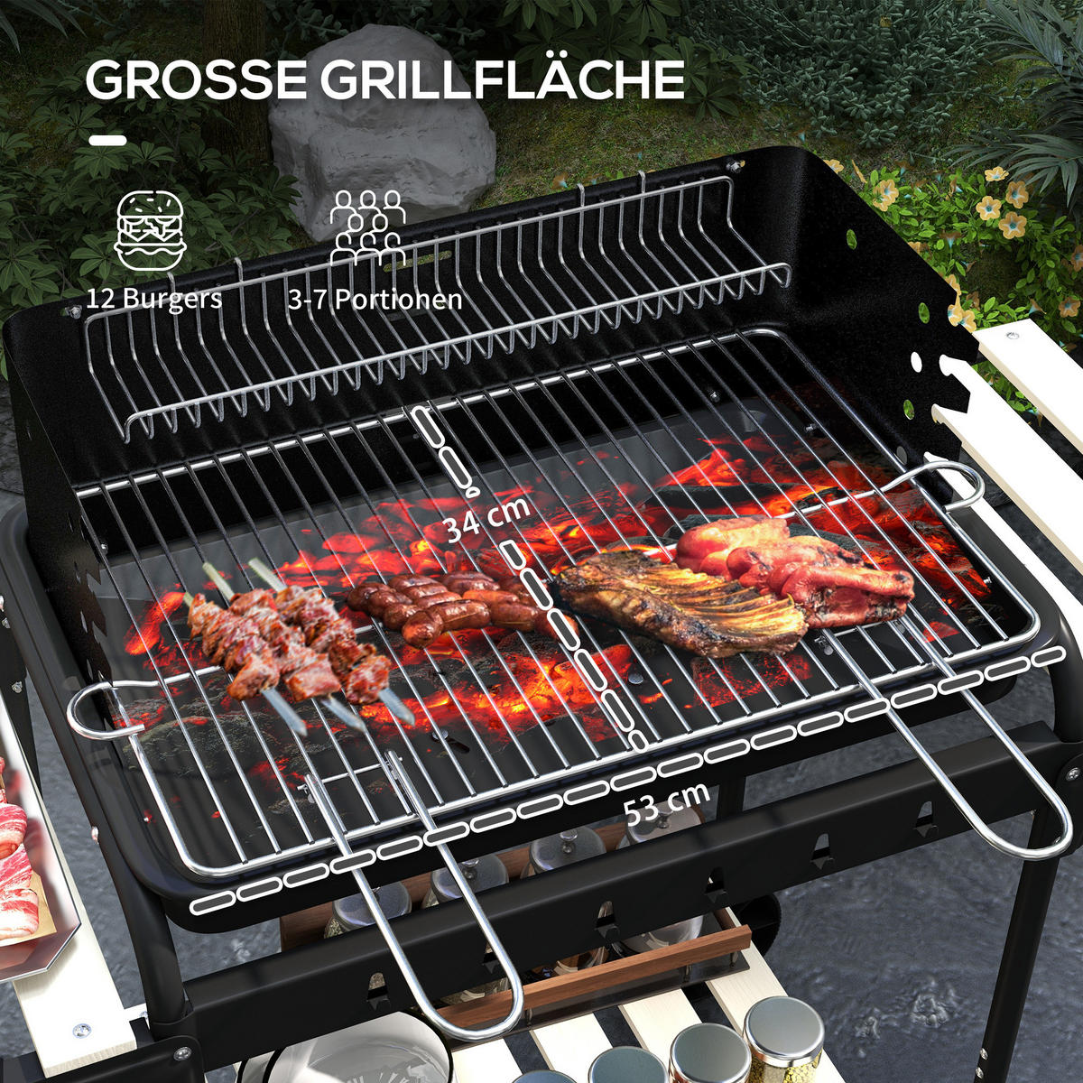 HOLZKOHLEGRILL aus Metall - Schwarz, Metall (47/95/103cm) - Outsunny