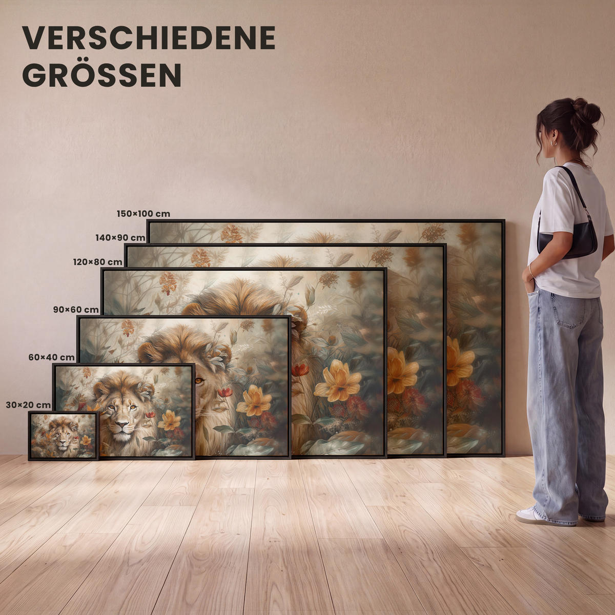 LEINWAND Bilder mit Rahmen - Löwe - Wildtiere - Pflanzen - Natur - Blumen - 120x80 - Beige, Textil (120/80cm) - MuchoWow