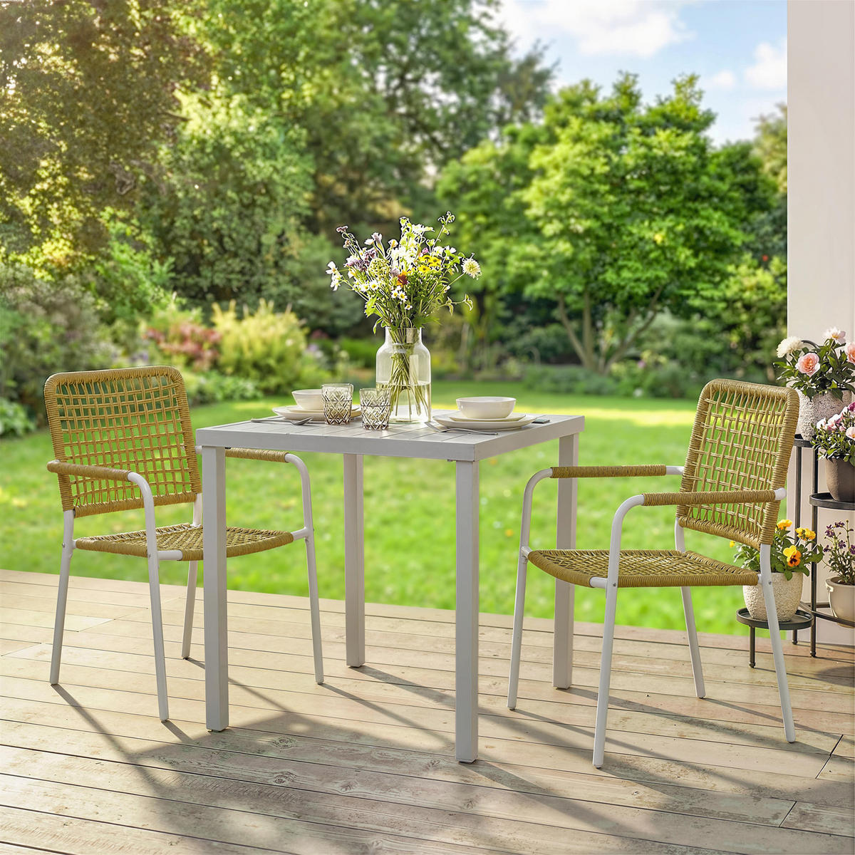 GARTENSTÜHLE 2er-Set DE-13348 geflochtene Harz-Optik & Armlehnen Gelb - Gelb, Metall (55/82/57cm) - ComfortXL