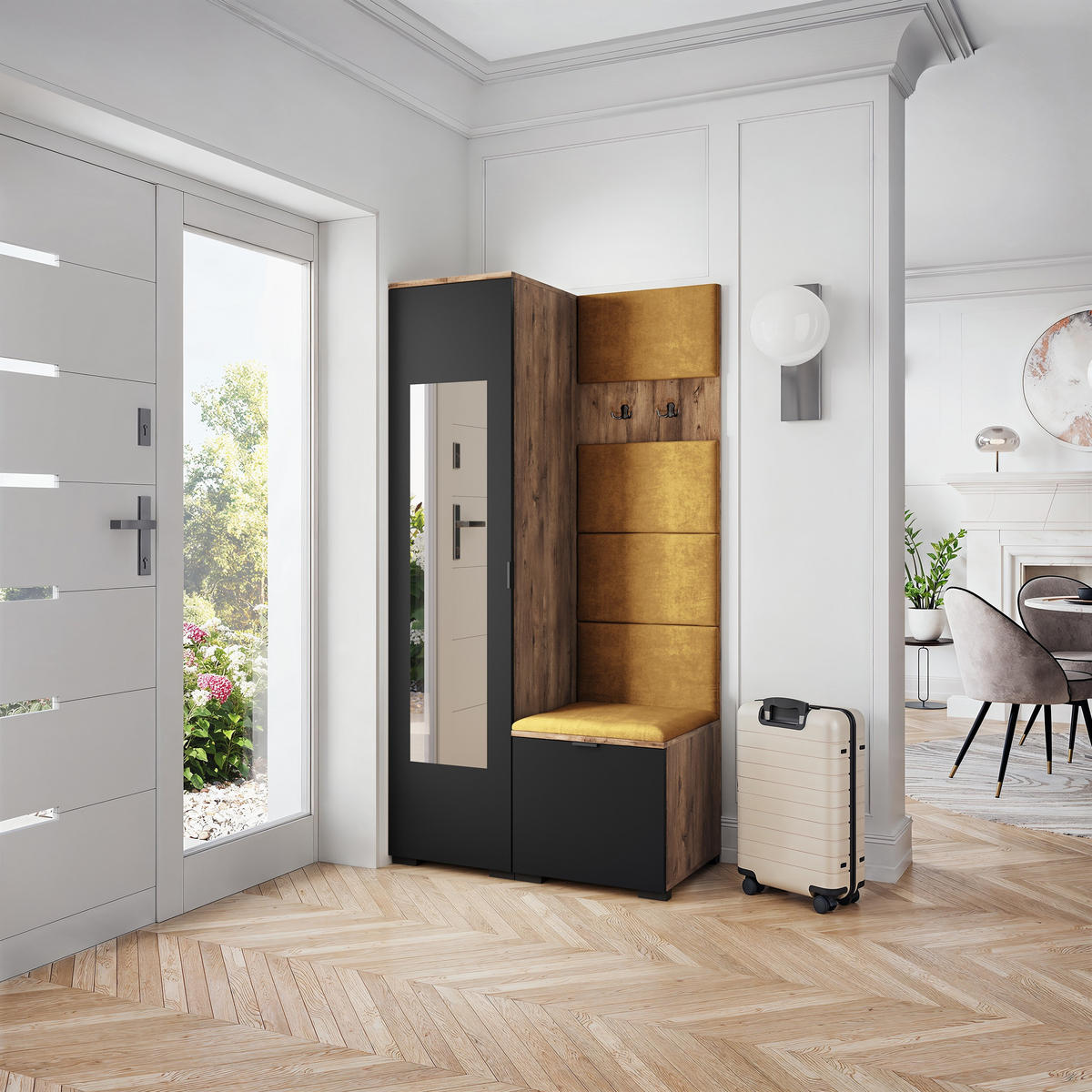 GARDEROBENSCHRANK VIRA 95/181/51 cm Modern Garderobe-Set Eiche Lefkas - Eichefarben/Gelb, Holzwerkstoff (95/181/51cm) - MASSENO