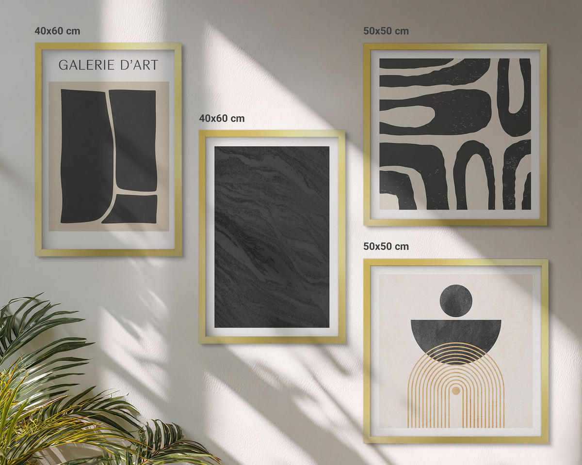 WANDBILDER 4er Set - 50x50 cm & 40x60 cm Goldrahmen - Abstrakte Marmorformen - Goldfarben, Kunststoff (50/50cm) - ArtPrintCave