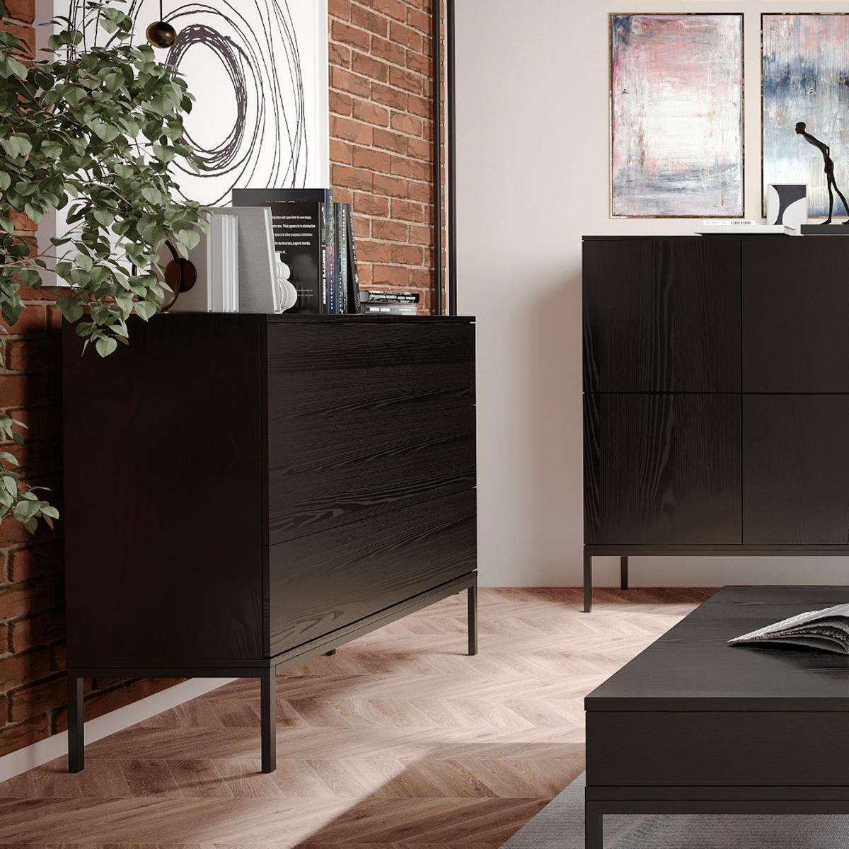 KOMMODE Schwarz Industrial Metallfüße Schmal - Schwarz, Holzwerkstoff (100/84/41cm) - Sepro Meble