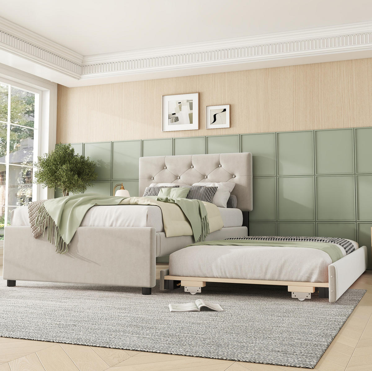 POLSTERBETT aus Samt und MDF 90x200 cm Beige mit Lattenrost und ausziehbarem Rollbett - Beige, Textil (90/200cm) - IVMEU
