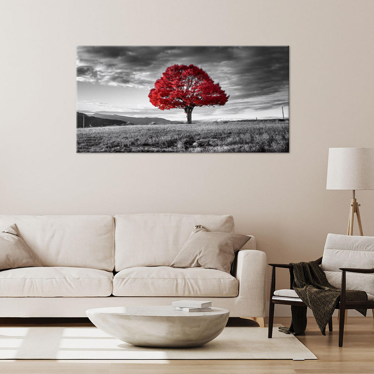 LEINWANDBILD Roter Baum Wiese Landschaft - Grau, Textil (120/60cm) - Feeby