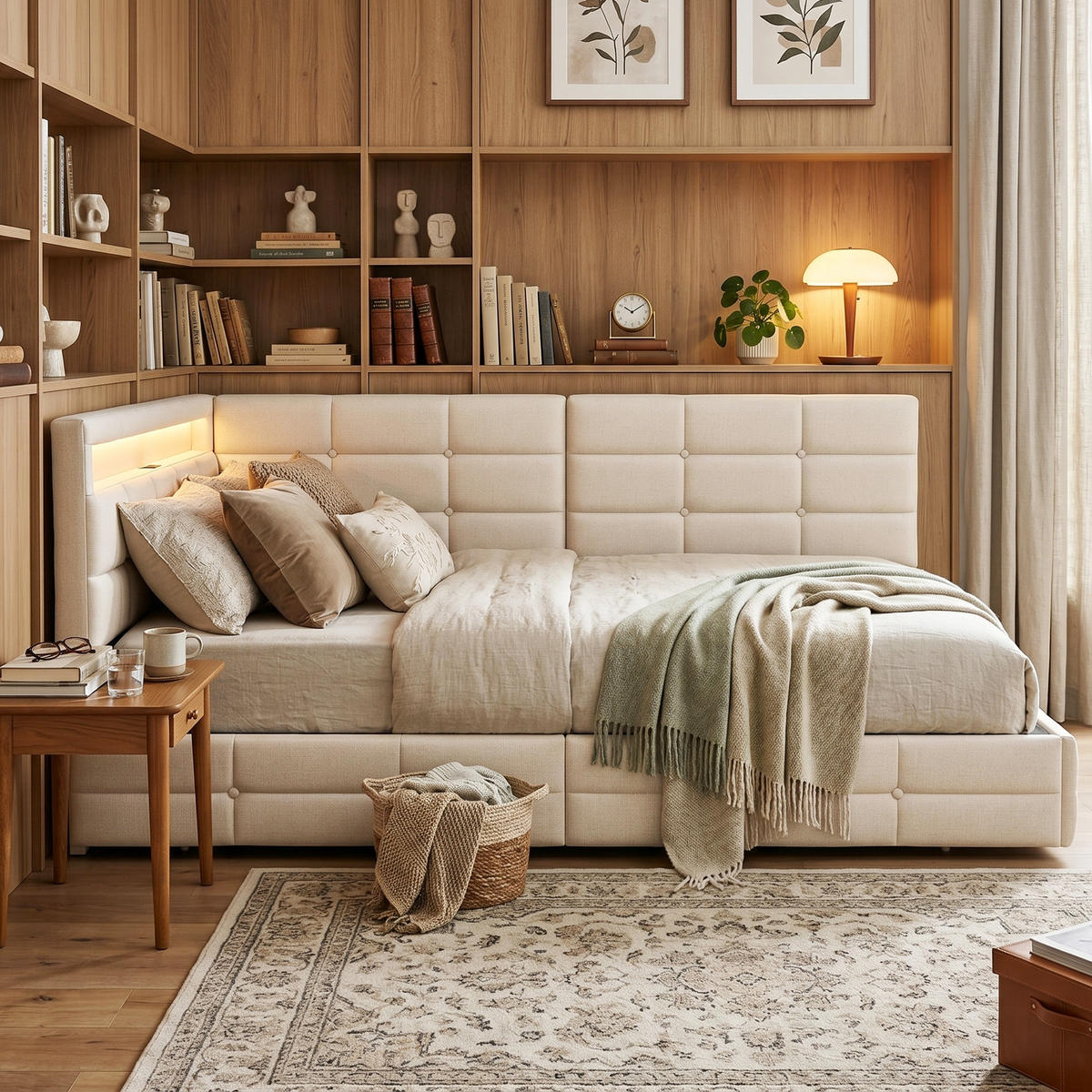 POLSTERBETT Reversibel 140/200 cm mit 2 Schubladen & RGB-LED Leinenoptik Beige - Beige, Textil (140/200cm) - Creahappy