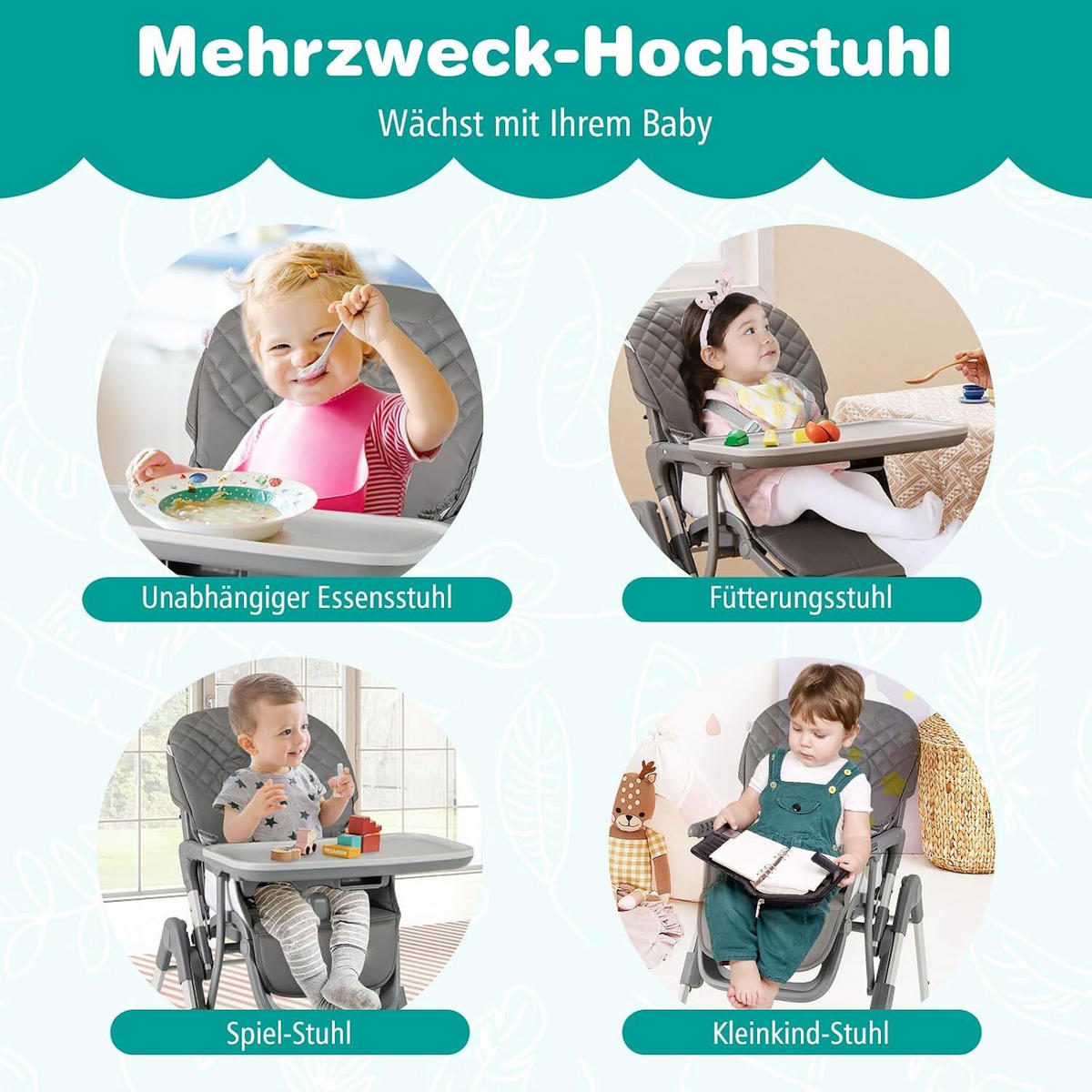 KINDERHOCHSTUHL mit Liegebereich grau - Grau, Kunststoff (80/98/58cm) - COSTWAY