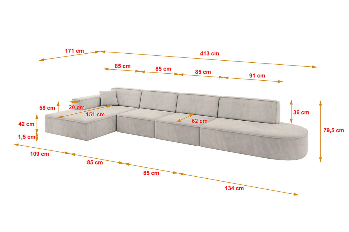 ECKSOFA Ottomane Links IREA-L3-v4 - 413x171x79 cm Hellbraun - Hellbraun, Holzwerkstoff/Textil (413/171cm) - ALTDECOR