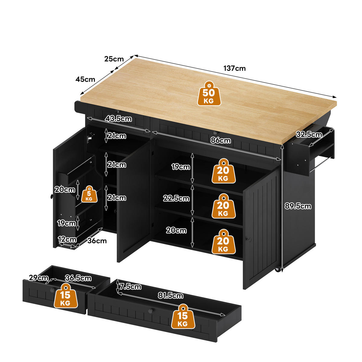 KÜCHENINSEL aus MDF 137x45x89,5 cm Natur/Schwarz mit klappbarer Arbeitsplatte, Schubladen, Schrank und Rollen - Naturfarben, Holzwerkstoff (137/89.5/70cm) - Modfu