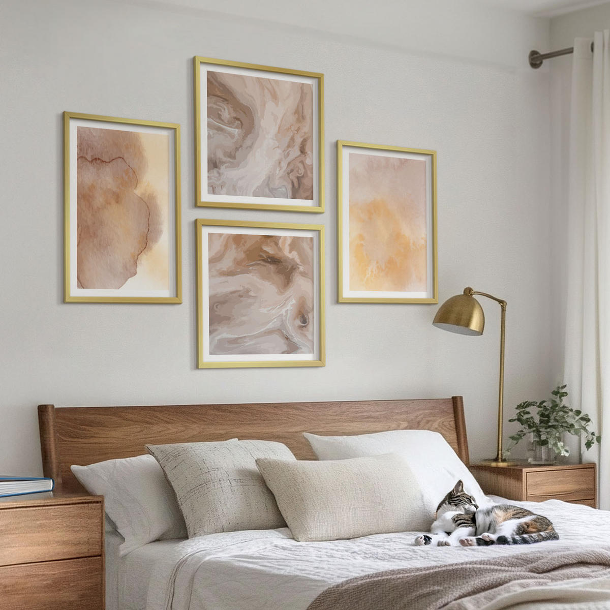 WANDBILDER 4er Set - 50x50 cm & 40x60 cm Goldrahmen - Warme Aquarellfarben auf Leinwand - Goldfarben, Kunststoff (50/50cm) - ArtPrintCave