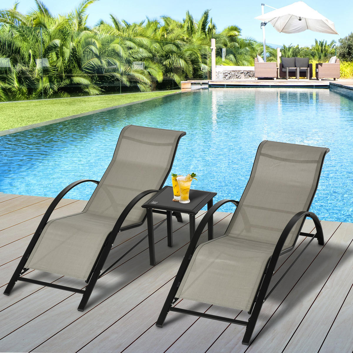 SONNENLIEGE 2er-Set DE-15606 mit Glastisch Grau - Hellgrau, Metall (59/66/169cm) - ComfortXL