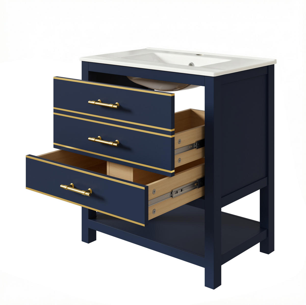 WASCHTISCHUNTERSCHRANK mit Keramikbecken 66x46.5x86cm Schwarz & blau mit Gold-Akzenten - Blau, Holzwerkstoff (76/86/46.5cm) - Modfu