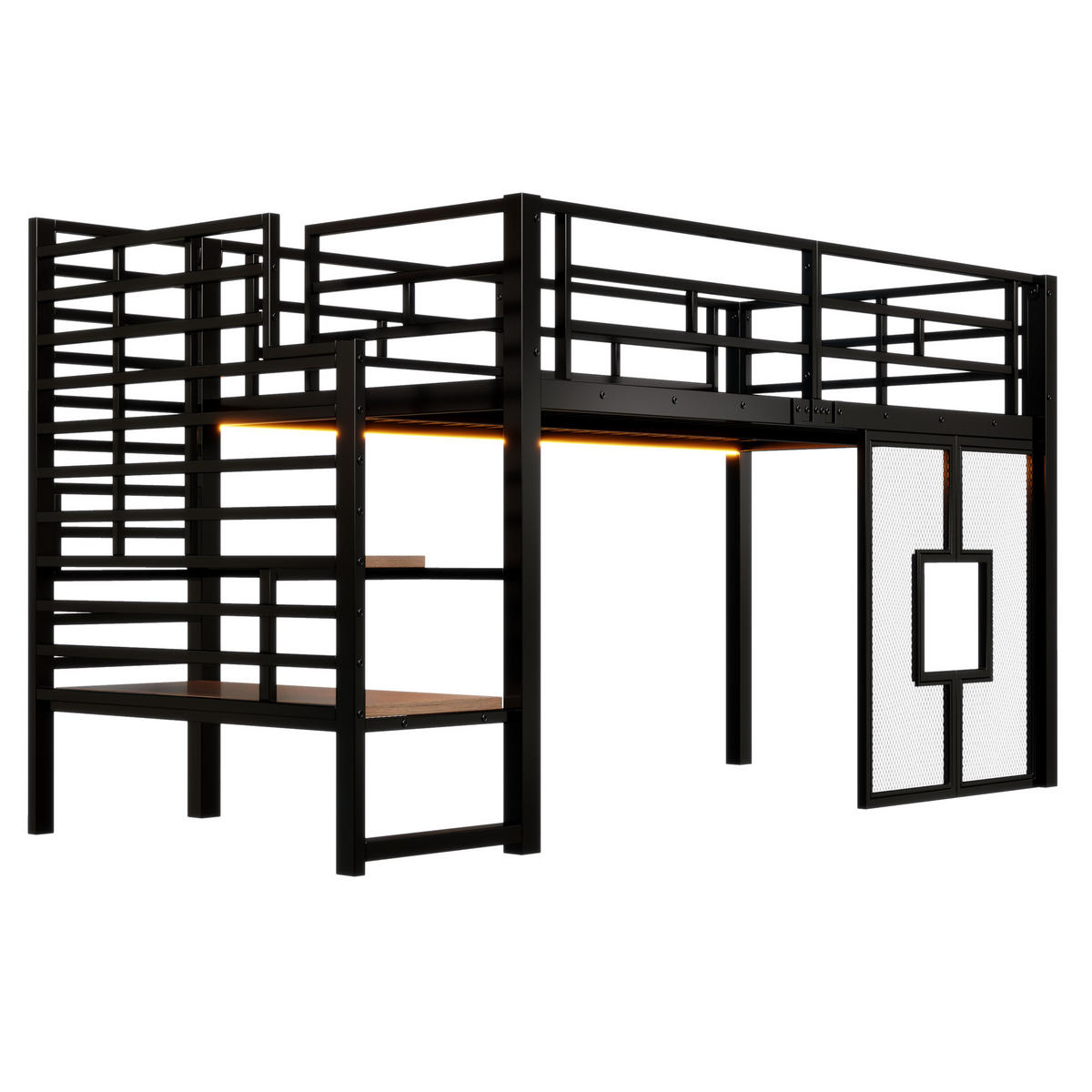 HOCHBETT 90/200 cm in Schwarz mit Stauraumtreppe, LED und Fenstern - Schwarz, Holzwerkstoff/Metall (90/200cm) - STILVORA
