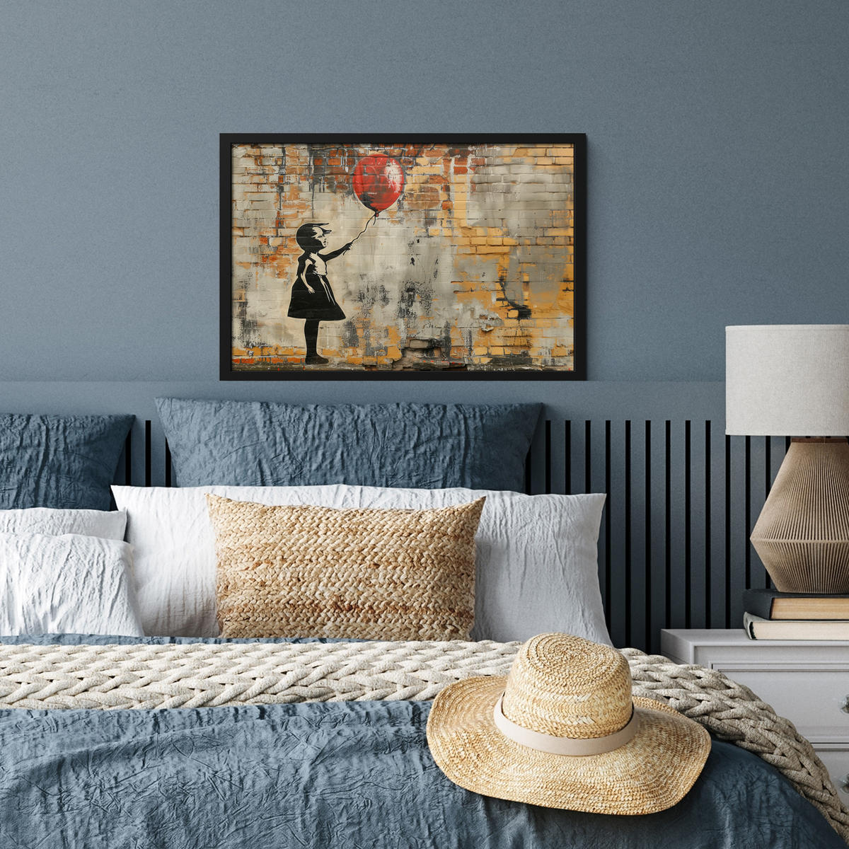 POSTER MIT RAHMENGERAHMTES BILD Graffiti - Banksy - Mädchen - Straßenkunst 60x40 cm - Sandfarben, Papier (60/40cm) - MuchoWow