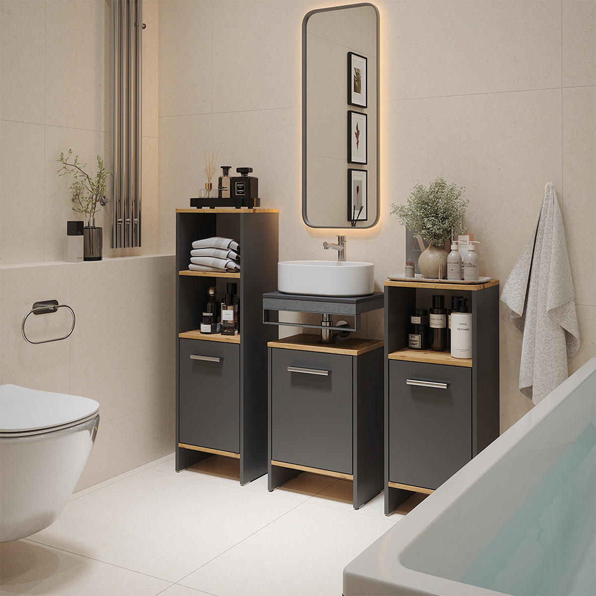 WASCHBECKENUNTERSCHRANK Karli Anthrazit/Goldkraft Eiche 38.2 x 57 cm mit der Tür - Anthrazit, Holzwerkstoff (38.2/57/26.3cm) - Vicco