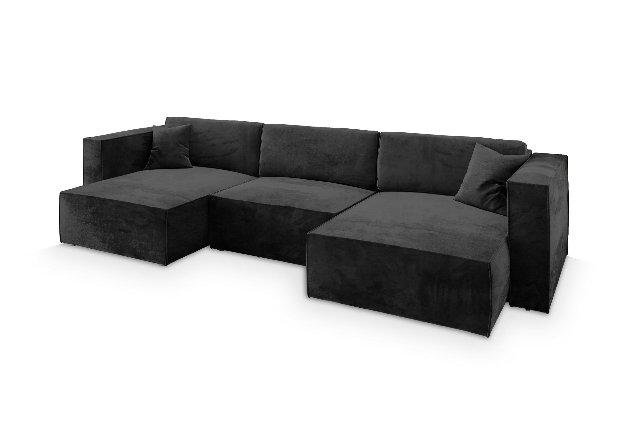 WOHNLANDSCHAFT SARMO M Schwarz Velours-Stoff mit Schlaffunktion - Schwarz, Holz (347/70/148cm) - MASSENO