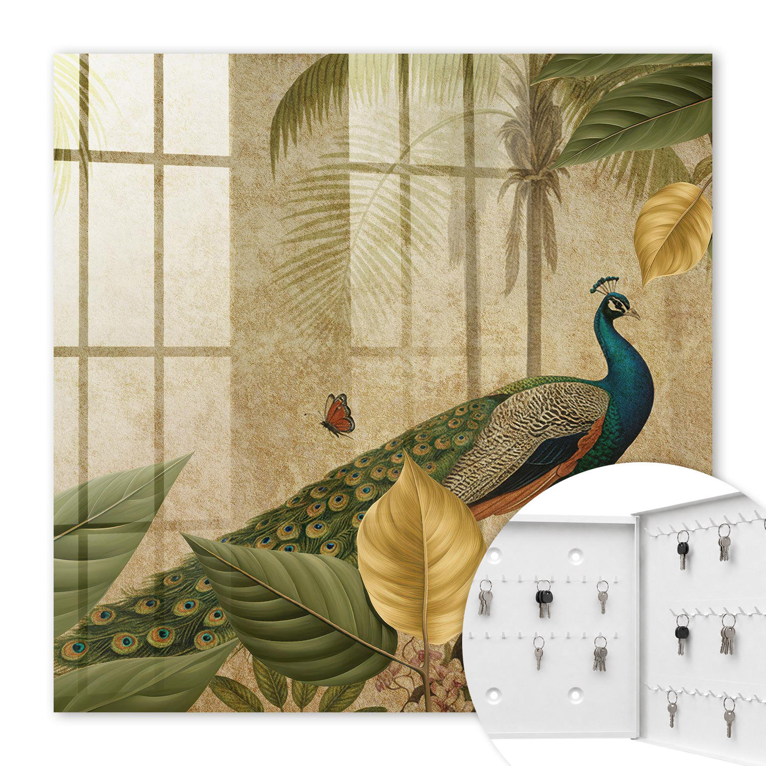 SCHLÜSSELBOX Weiß 30x30 cm – Türöffnung nach rechts - Exotische Landschaft - Beige, Metall (30/30/5cm) - TULUP