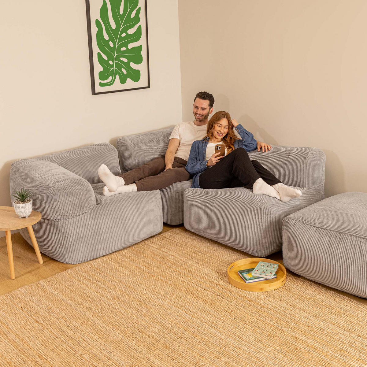 SITZSACK-SOFA 4-tlg. ZEN: 2 Ecksessel, Sessel, Fußstütze - Grau, Textil (390/68/100cm) - icon