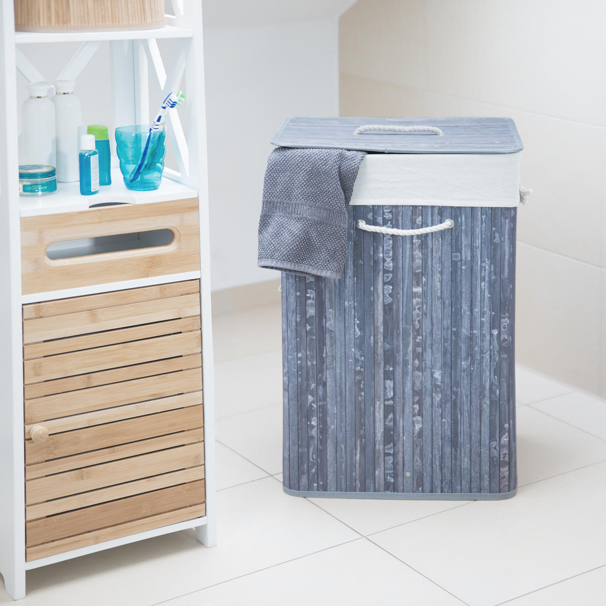 WÄSCHEKORB - Grau, Holz/Textil (43.5/65.5/33.5cm) - Relaxdays