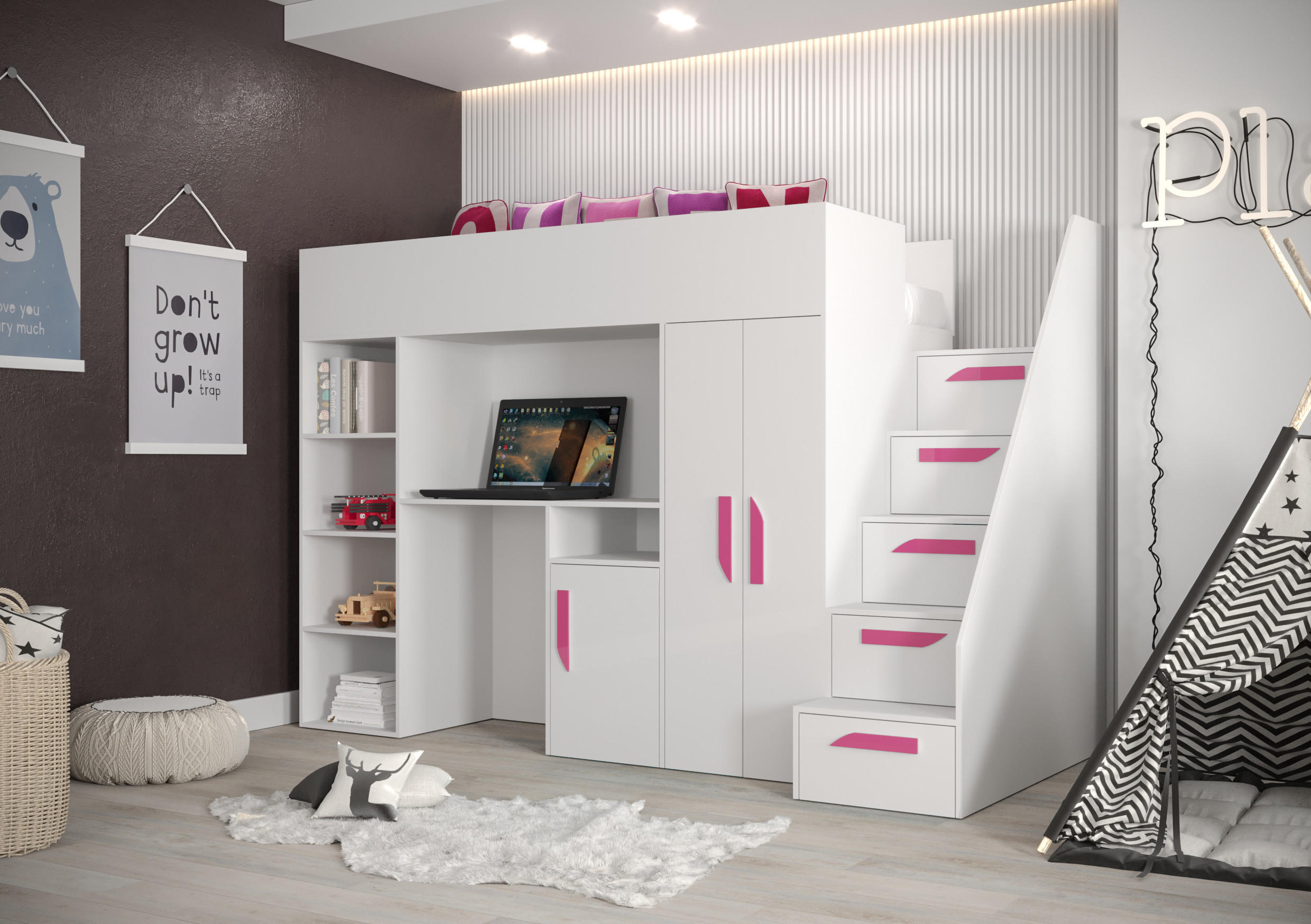 HOCHBETT mit Schreibtisch 90/200 cm - Pink/Weiß, Holz (90/200cm) - Abiks Möbel