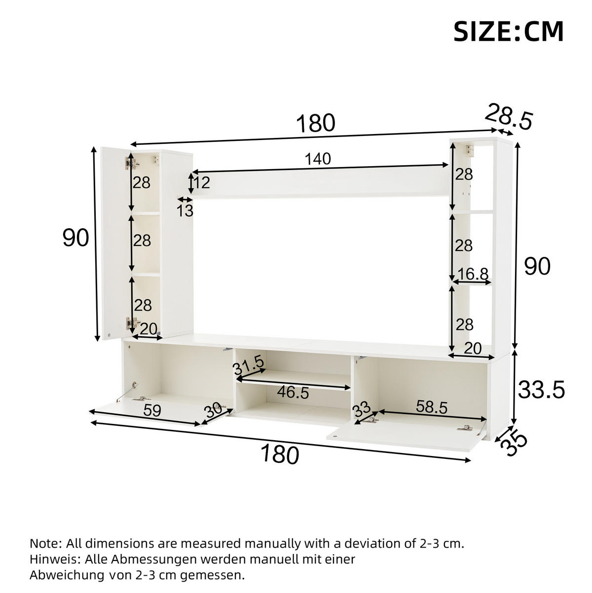 SET TV ormarića 180/35/33,5 cm bijeli od iverice s visećim i stojećim elementima - bijela, drvni materijal (180/33.5/35cm) - OKWISH
