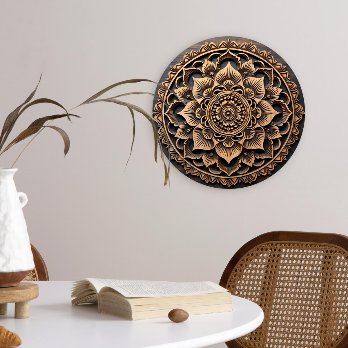 WANDBILD Mandala - Holz - Blumen - Braun 30x30 cm - Gelb, Kunststoff (30/30cm) - MuchoWow