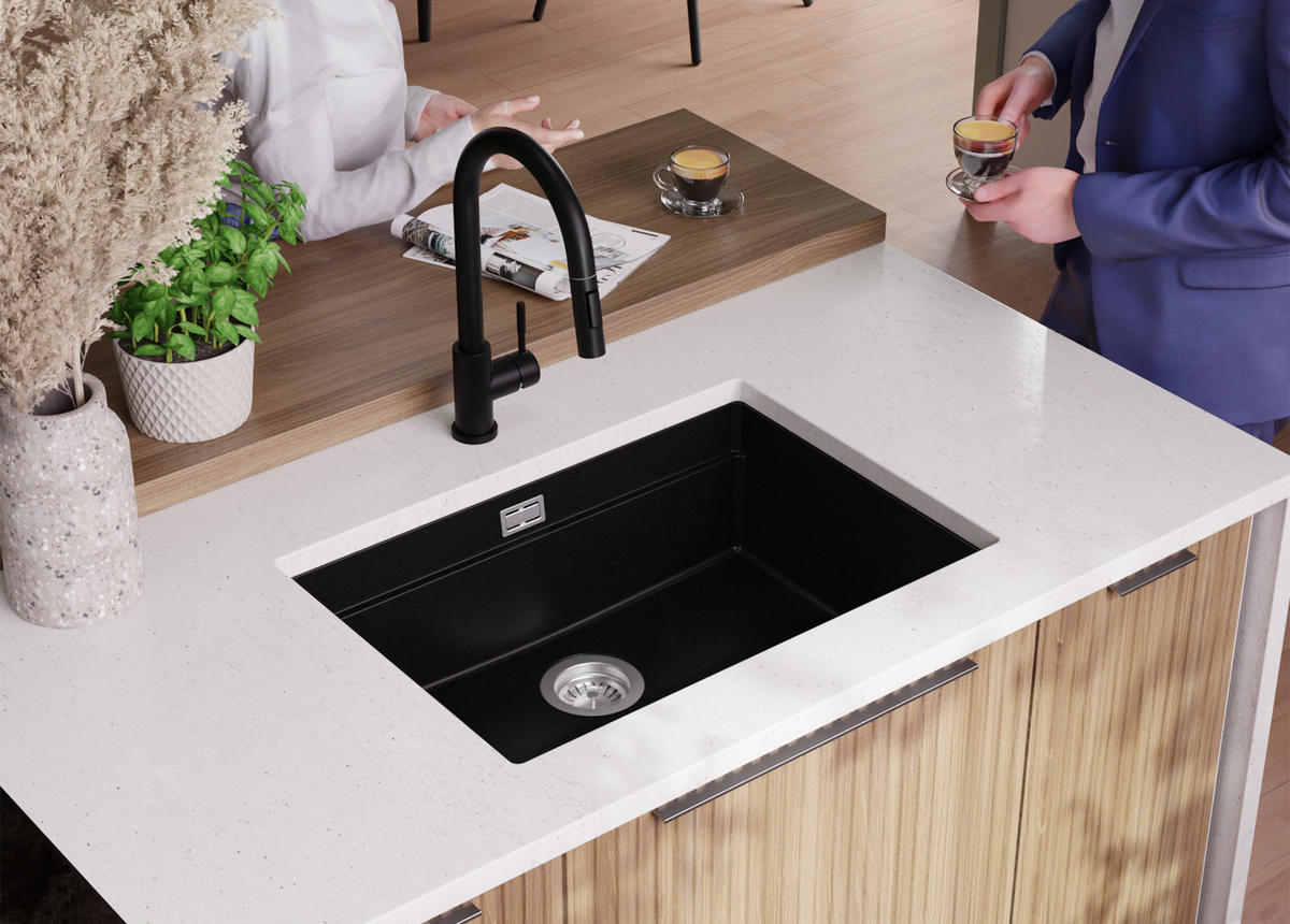 UNTERBAUSPÜLE GRANIT Praga, 2-er set Schwarz 66/47 cm 1 Becken + Ablauf-Set + Aufrollbare Abtropffläche ab 70er Unterschrank - Chromfarben/Schwarz, Kunststoff (66/20/47cm) - Primagran